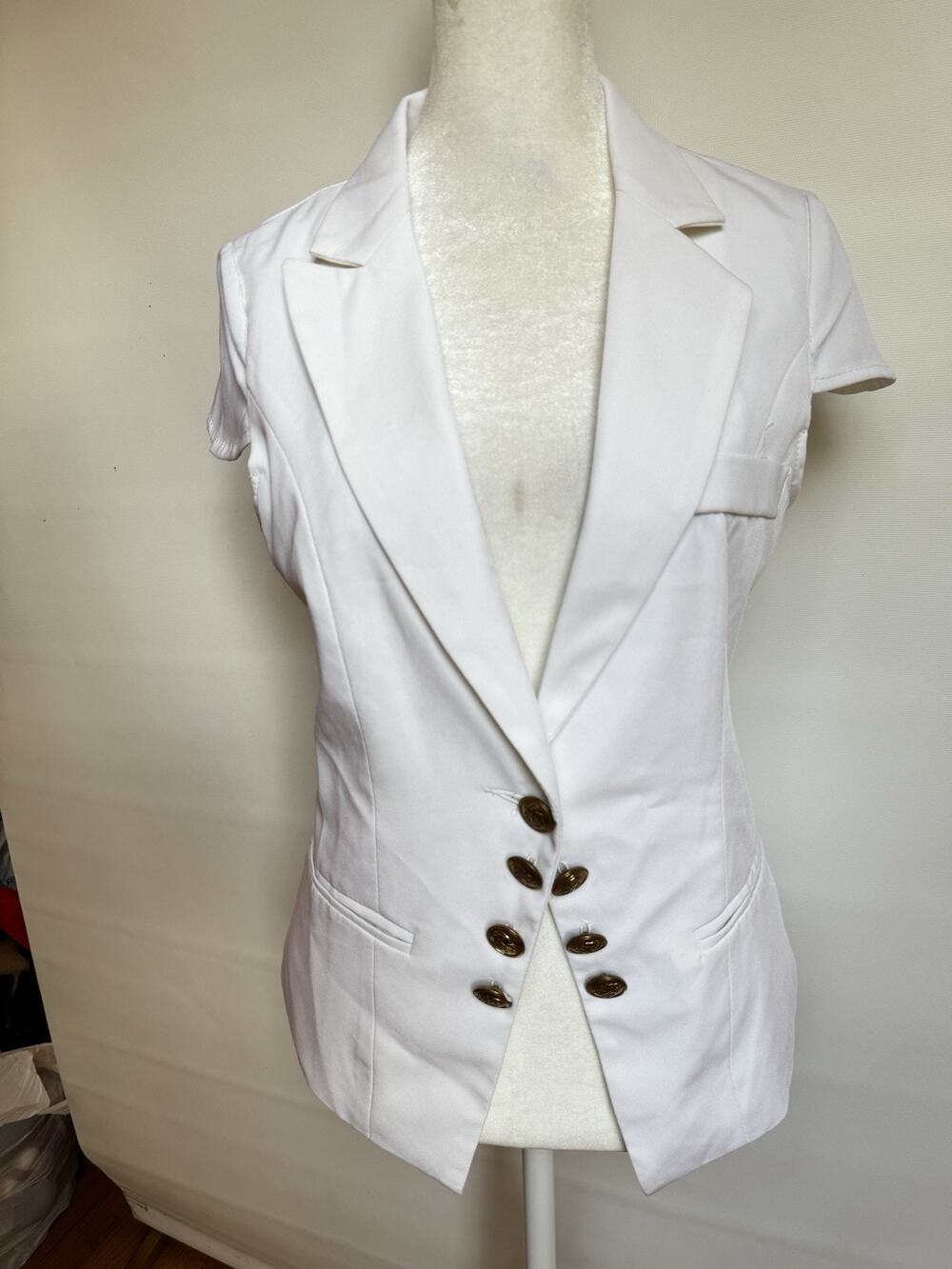 Women’s White Short Sleeve Blazer Vest Gold Buttons Size L 65%